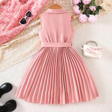 女童粉色西装领连衣裙，收腰百褶裙，无袖公主裙 - 珊瑚粉 - 查看 6