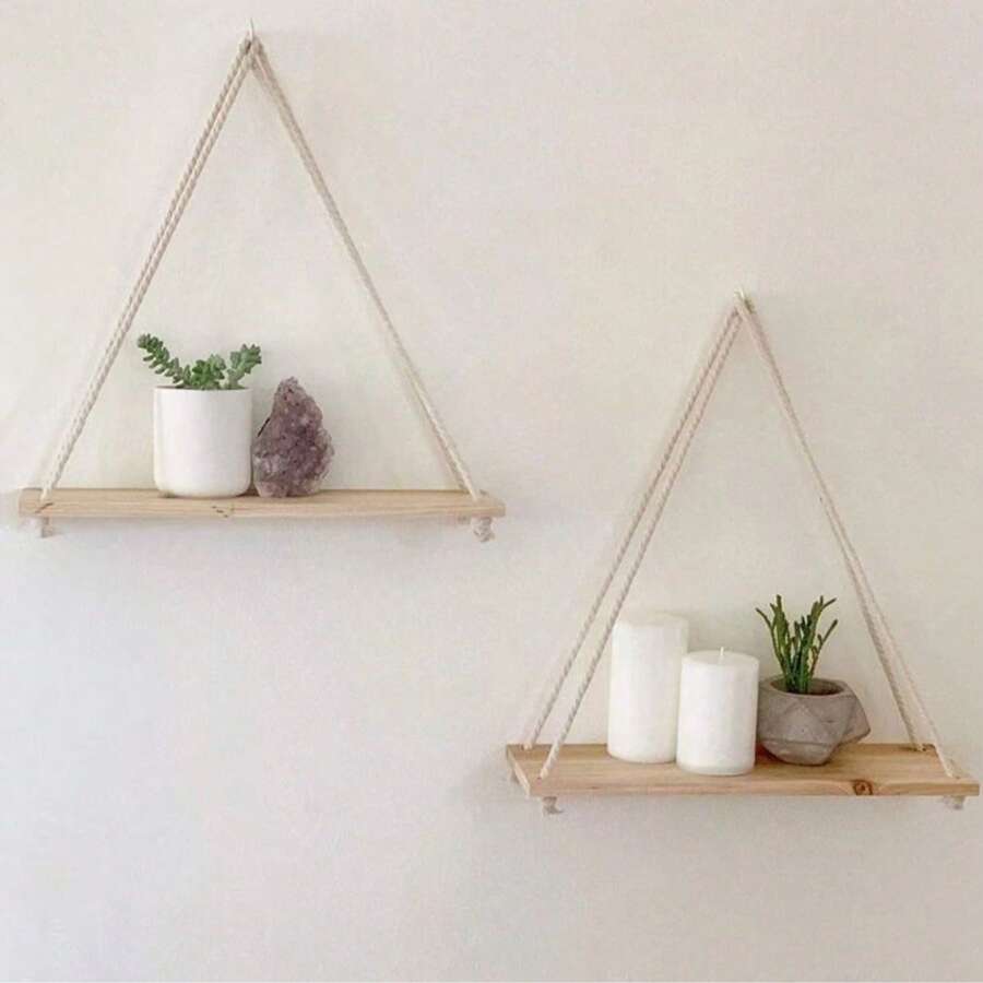 2 piezas/1 pieza Estantes flotantes de pared de madera, Tablero de almacenamiento de tela de estilo bohemio, Adecuado para sala de estar, dormitorio, baño, cocina, decoración del hogar, decoración de la habitación, decoración de pared, regalos para vacaciones, de vuelta a la escuela - Beis - Ver 1
