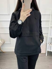 防风防水宽松纯色休闲半拉链时尚修身登山户外徒步夹克运动服 - 黑色 - 查看 5