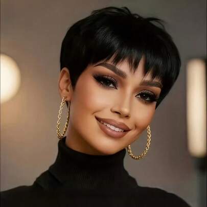 Tóc giả ngắn thẳng, dài 6 inch, tóc thật màu đen tự nhiên Brazil, mật độ 150%, được làm hoàn toàn bằng máy, dành cho nữ.