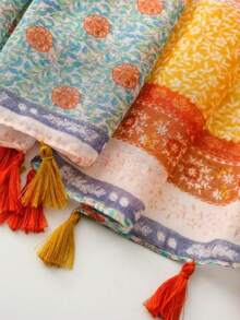 قطعة واحدة وشاح مطبوع جديد وأنيق عالي الجودة مزين بشرابات، مناسب للتنقل والسفر والملابس اليومية العادية، ألوان الشرابات عشوائية - البرتقالي - مشاهدة 4