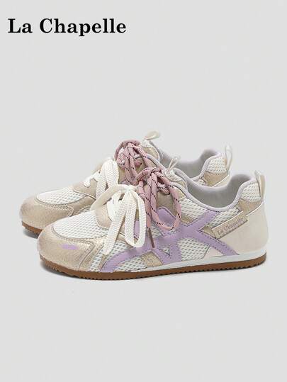 1 Pair La Chapelle Women's Thick Sole Lace-Up Soft Bottom Casual Shoes, Low-Top Outdoor Flat Shoes For Summer, Round Toe Low Heel Non-Slip Solid Color Elegant Soft Bottom Hiking Suitable For Students Graduation Photos Flat Shoes, Women Low-Top Leather Sneakers