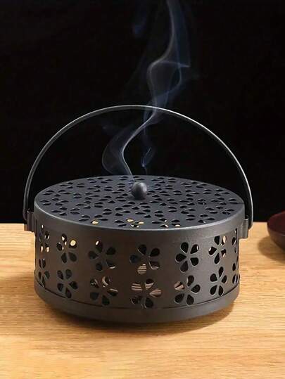 1个复古金属蚊香炉，便携式铁艺香炉，带花卉图案和手柄，适合室内外使用