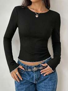 [Backless Lace-Up Design, Contrast Ruffle Cuffs] Fitted Long Sleeve Round Neck Top, Made Of Ribbed Knit Fabric, Solid Black. Perfectly Blends Sweet And Edgy Styles, Suitable For Spring/Autumn Dates, Shopping, Parties, And Everyday Wear. - Black - View 10