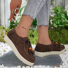 Women's New Casual Shoes, Suede Bohemian Style Loafers, Fringe Decor Lace-Up Thick Sole Sneakers - Brown - View 3