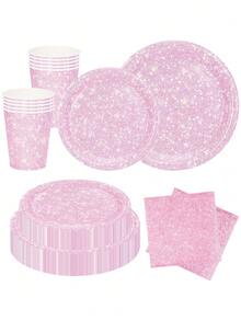 Juego de vajilla desechable de 10 piezas/20 piezas con estampado de brillo rosa, incluye platos, servilletas, vasos de papel rosa claro para fiesta de boda, cumpleaños, baby shower, evento, festival, fiesta de despedida de soltera - Rosa - Ver 4