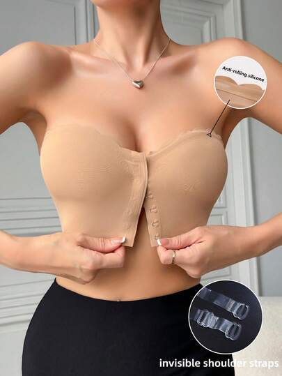 Women Strapless Bra - Seamless Smooth Construction, Solid Color, Wire-Free Comfort - Wave Edge Design With Anti-Rolling Silicone Grip For Secure, Casual Style