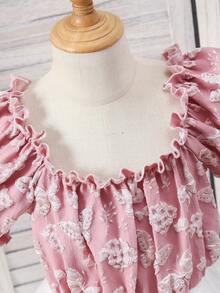 Tween Girl Embossed Pink Square Neck Short Puff Sleeve Dress - Pink - View 3