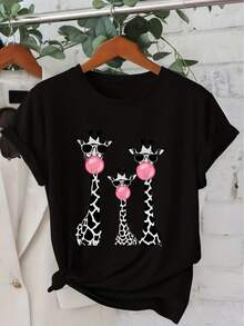 Giraffe Bubble Print Crew Neck Casual Fashion T-Shirt Vintage Style Short Sleeve Women Top S-XXL Spring SummerFall Season - Đen 1 - Xem 1