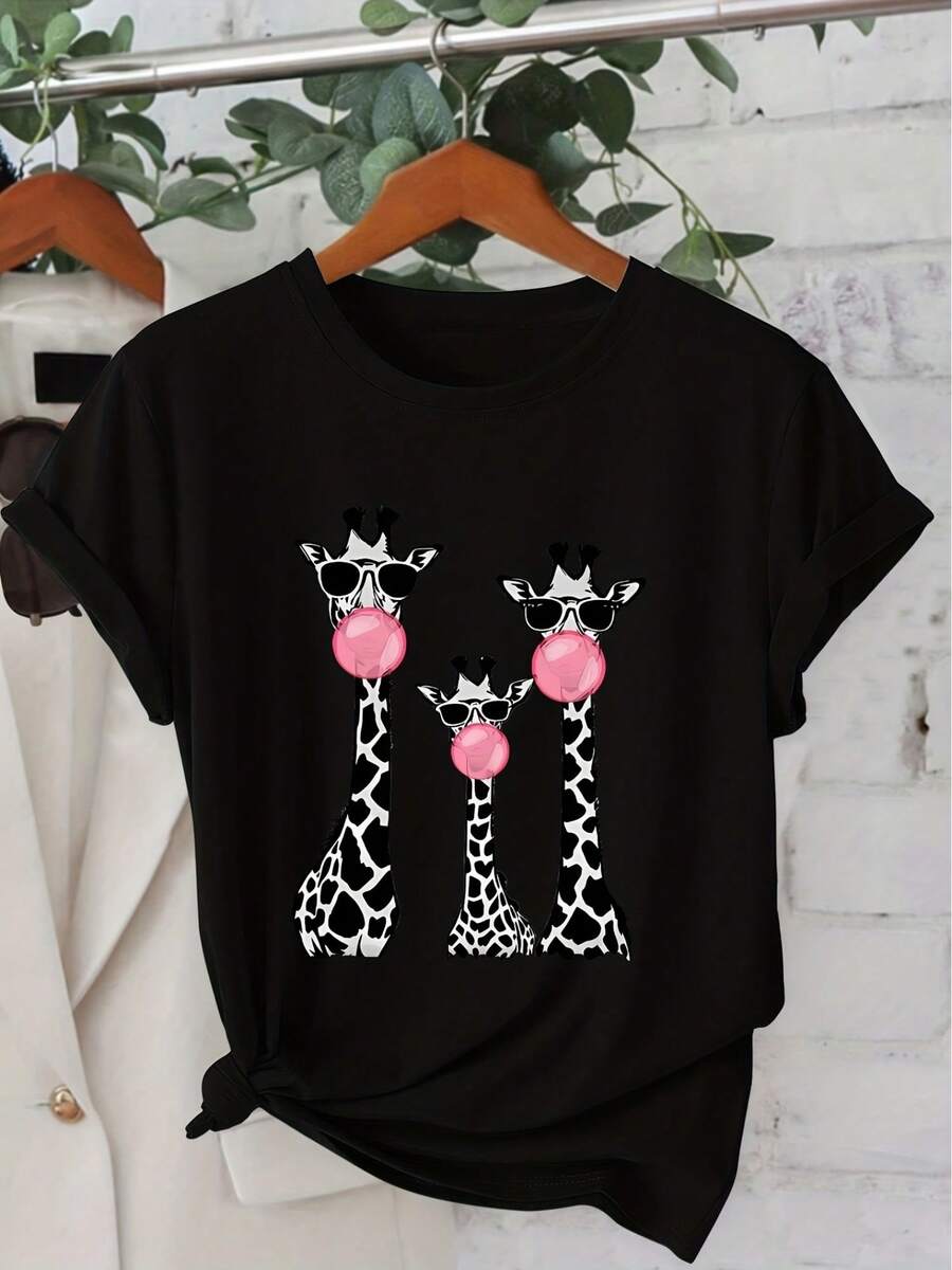 Giraffe Bubble Print Crew Neck Casual Fashion T-Shirt Vintage Style Short Sleeve Women Top S-XXL Spring SummerFall Season - Đen 1 - Xem 1