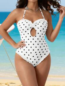 Women's Halter Neck Monokini Swimsuits Fashionable Dot Print Sleeveless Ruffle Bathing Suit - 白色 - 查看 6