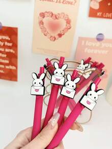6支装创意可爱情人节红色兔子造型按动式圆珠笔，校园设计爱心兔系列返校季中性笔，颜色随机 - 彩色 - 查看 4