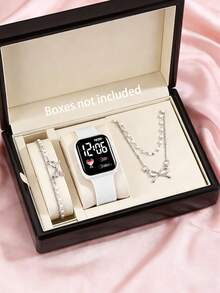 3pcs Cute & Fashionable White Digital Watch With Butterfly Bracelet & Necklace Set For Teenage Girls, White Silicone Strap, Plastic Case, Suitable For Daily Wear, Valentine's Day, Party, Gift For Friends (No Box) - White - View 8