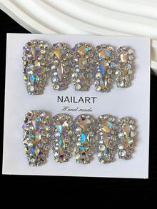 Uñas en forma de ataúd para el Día de San Valentín Y2K hechas a mano con puntas transparentes, rhinestones multicolor y diseños 3D brillantes de cobertura total - Uñas artificiales de glitter de cobertura completa DIY, uñas postizas para fiestas, exteriores, playa, diario, vacaciones, reuniones, trabajo y eventos especiales - 10 piezas/bolsa de suministros para uñas - Multicolor - Ver 6