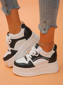 女士厚底运动鞋，纯色休闲户外系带厚底时尚百搭休闲鞋，增高鞋 - 黑與白 - 查看 5