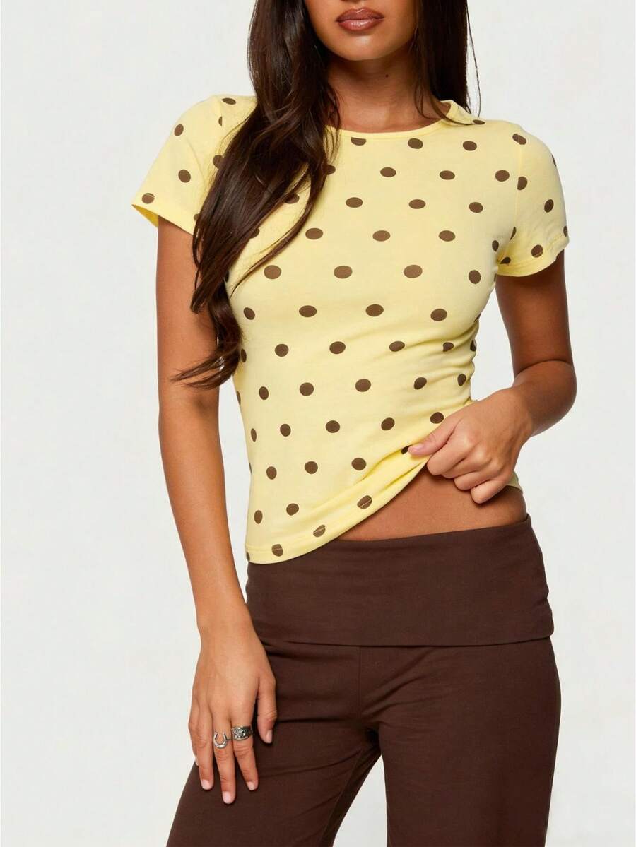 Women's Polka Dot Short Sleeve Crop Top Fitted Casual T-Shirt For Daily Wear  Weekend Outings - Màu vàng - Xem 1