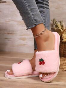 Sandal Rumah Wanita Terbaru dengan Motif Cherry Lucu, Bordir Plush, dan Ujung Terbuka, Sandal Lantai Dalam Ruangan yang Nyaman untuk Semua Musim - Berwarna merah muda - View 5
