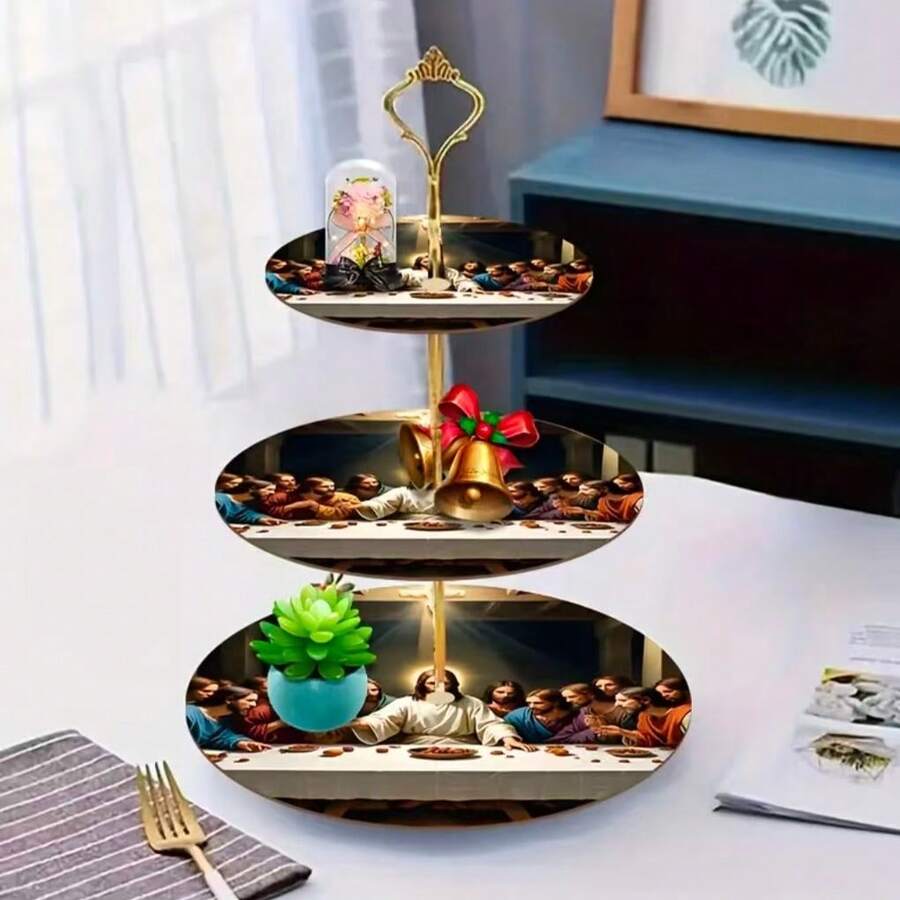 1 pieza Bandeja de madera de 3 niveles con el diseño de La Última Cena - Bandeja de servir con tema de arte religioso y diseño de discípulos, apta para bodas, Pascua, Navidad, cumpleaños, decoración del hogar - Pieza central decorativa y funcional duradera y multiusos para fiestas - Multicolor - Ver 1