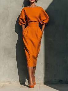 Vestido de mujer elegante tipo A con cuello barco y manga globo - estilo retro en colores vivos para primavera-verano - Naranja - Ver 4