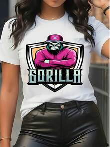 T-shirt à manches courtes pour femmes, col rond décontracté, t-shirt graphique avec imprimé gorille cool, streetwear, coupe ample, Top d'été pour un port quotidien - Blanc - Voir 1