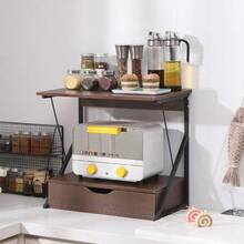 Microwave Oven Shelf Stand With Drawer, 2-Tier Kitchen Countertop Storage Rack Spices Rack Freestanding, Home Office Printer Stand Multifunctional Unit Shelving Wood Top Metal Frame - 雙層深胡桃木抽屜櫃 - 查看 2