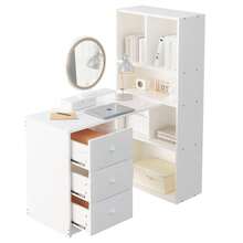 Corner Desk With Integrated Bookcase, 117 * 63 * 135 Cm, Desk With 4 Storage Compartments And 3 Sliding Drawers, White