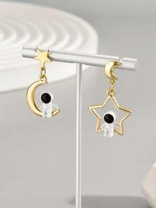 1 Pair Fashion Middle Eastern Style Star & Moon Dangle Earrings, Minimalist Asymmetric Star Moon Earrings For Women - Yellow Gold - View 7