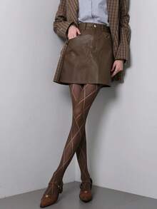 1 đôi tất nữ ấm áp cao đến đầu gối, kiểu dáng thường ngày, màu nâu đa năng, tất cao đến đầu gối dày dặn bằng lưới kim cương JK Nhật Bản, thích hợp cho mùa thu/đông. - màu nâu - Xem 2