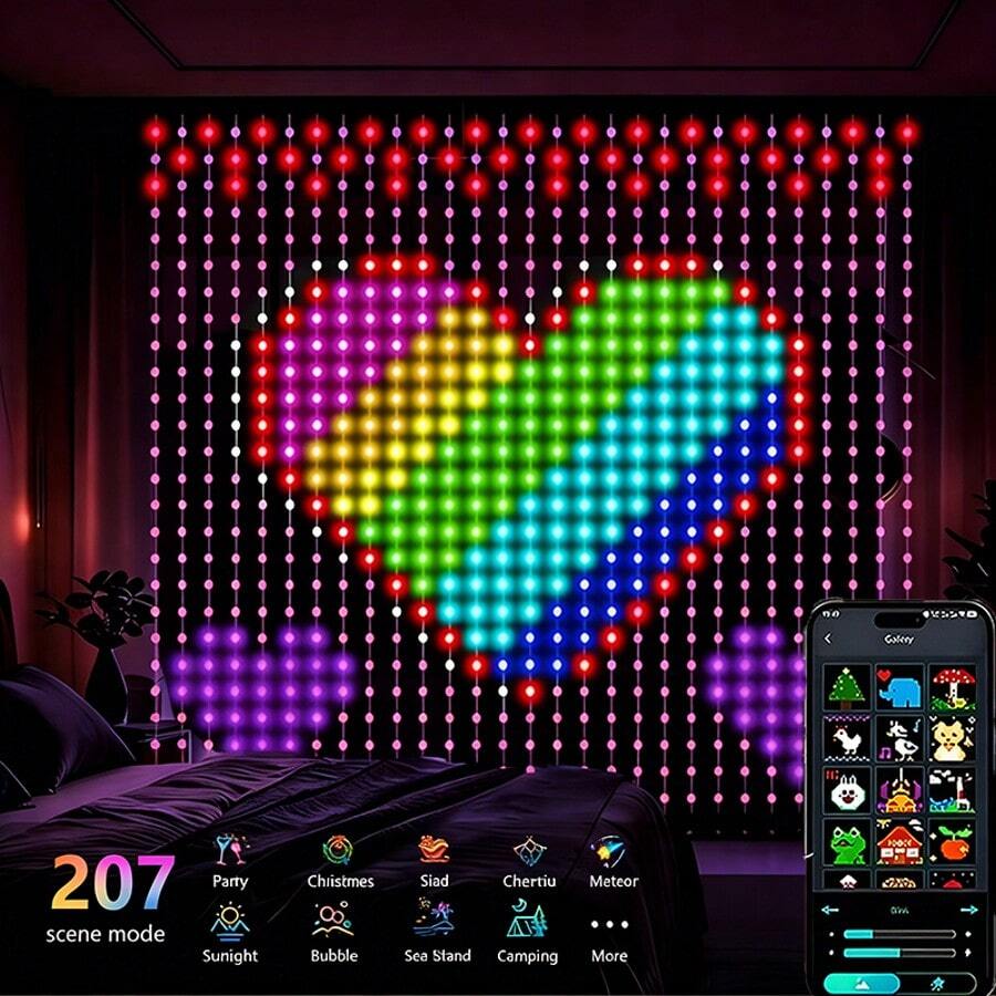 256LED Smart Curtain String Lights, 5.2 FT X5.2FT RGB Color Changing Curtain Lights, Music Sync APP Remote Control USB Powered Smart Curtain Lights, APP Has A Variety Of Built-In Animations To Choose From, Easy To Hook And Install, Suitable For Halloween, Valentine's Day, Christmas, Courtyard, Wedding, Outdoor, Bedroom Decoration; - 5.2FT/256LED - 查看 1