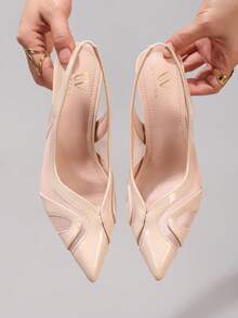 Fashionable Lace Patchwork High Heel Shoes, Sexy Pointed Toe Stilettos, Party & Evening Wear Backless Sandals, Apricot Color,Summer Outfits - Apricot - View 4