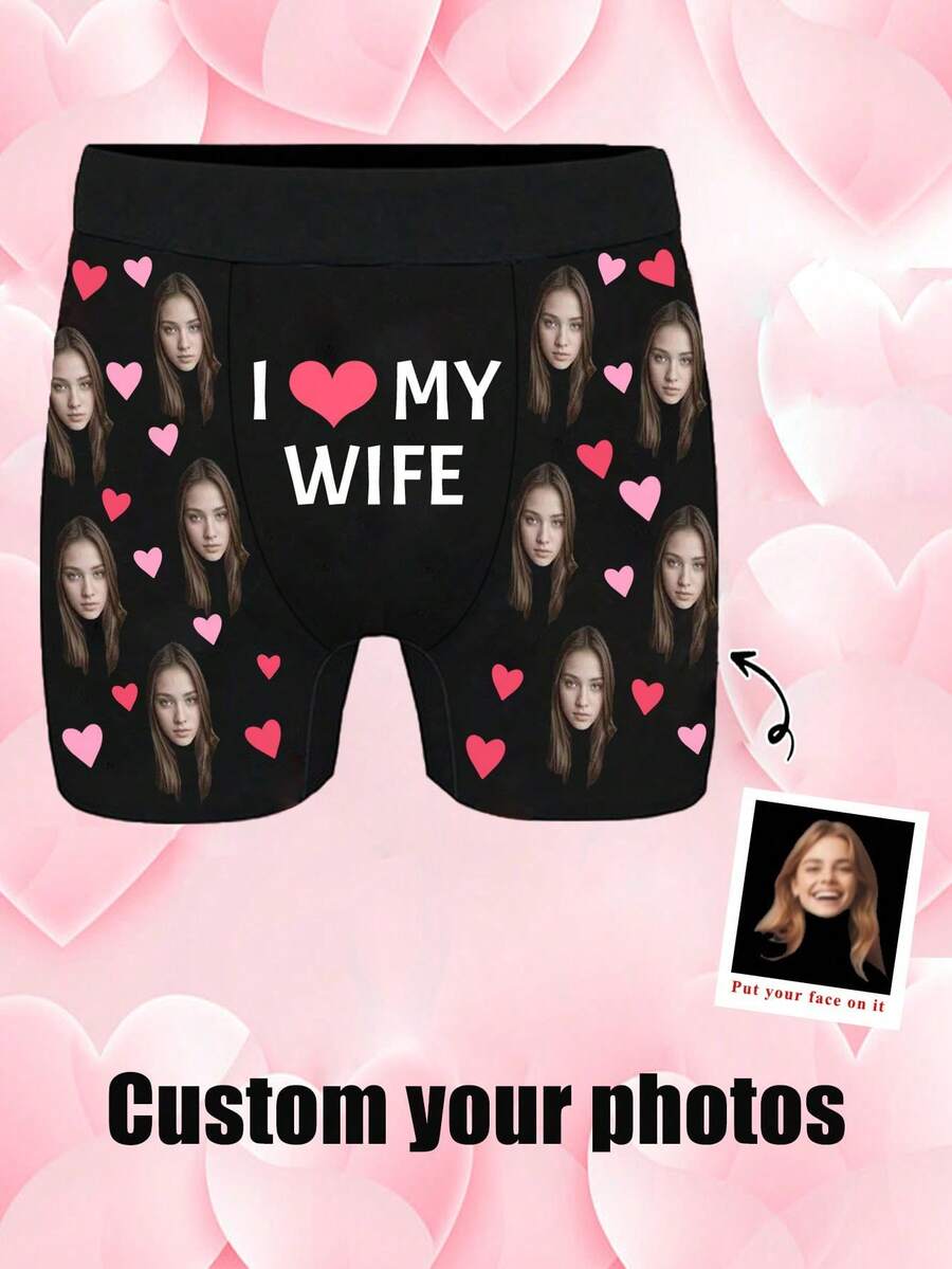 1pc Customized Men's Briefs Printed With Heart-Shaped Photo, Personalized Design, Creative Gift For Boyfriend/Husband On Valentine's Day - Multicolor - View 1