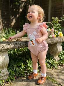 Baby Girl Overalls, Sleeveless Embroidery Rabbit Romper Spring Bodysuit Easter Clothes - Pink - View 5