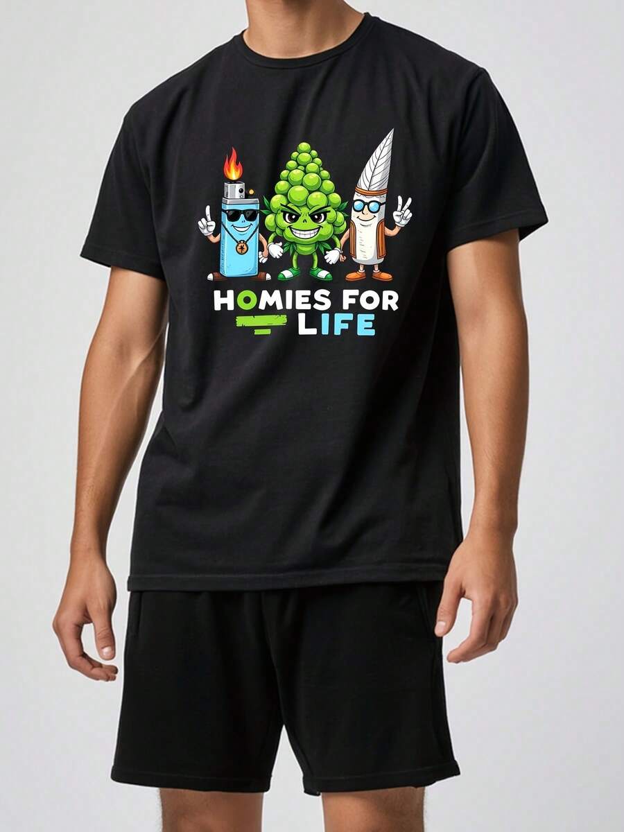 Homies For Life  Funny Graphic T-Shirt - 100% Cotton Classic Fit Lightweight Black With White Print Casual Round Neck Tee For Adults All Seasons Wear Adult Clothing| Playful Design| Durable Cotton Fashion T-Shirt 220g - 黑色 - 查看 1