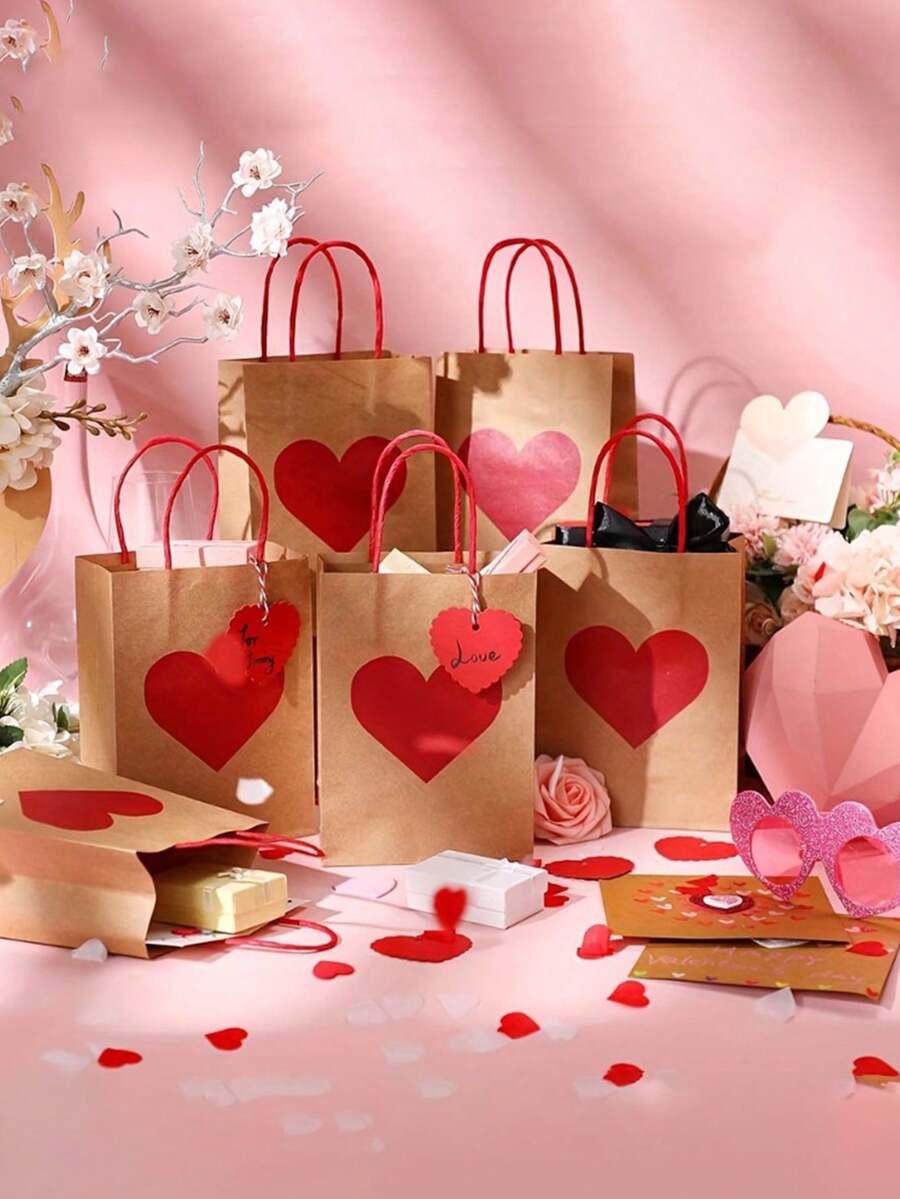6/15个（2/5套）心形印花礼品袋，带红色心形镂空和“致吉姆”标签 - 优雅牛皮纸派对礼品袋，配有结实耐用的环形提手，适用于情人节、婚礼、生日、周年纪念日、母亲节 - 派对大包装 - 彩色 - 查看 1