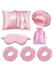 7pcs Women's Sleeping Set Includes Pillowcase, Shower Cap, Eye Mask, Decorative Storage Bag, Hair Scrunchies, Suitable For Nighttime Use Hair Sleep Cap Sleep Bonnet - Multicolor - View 1