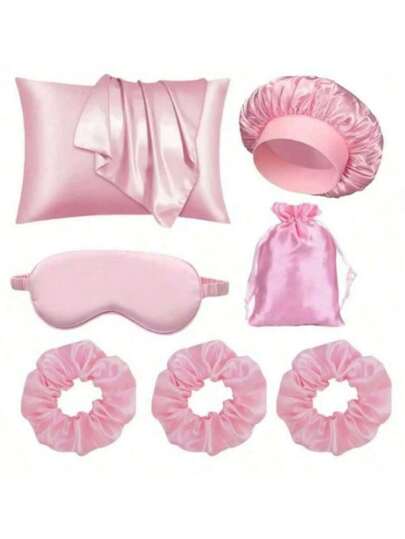 Juego de 7 piezas para dormir de mujer que incluye funda de almohada, gorro de ducha, antifaz, bolsa de almacenamiento decorativa, scrunchies para el cabello, adecuado para uso nocturno