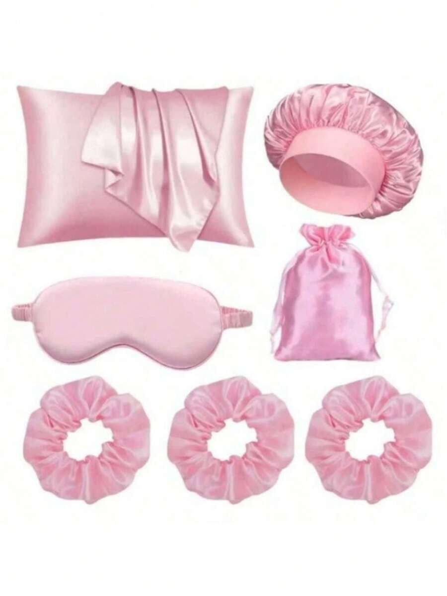 7pcs Women's Sleeping Set Includes Pillowcase, Shower Cap, Eye Mask, Decorative Storage Bag, Hair Scrunchies, Suitable For Nighttime Use Hair Sleep Cap Sleep Bonnet - Multicolor - View 1