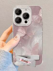 1个银色羽毛粉色蝴蝶手机壳，带3D金属支架，兼容 11/12/13/14/15/16/17/Pro Max