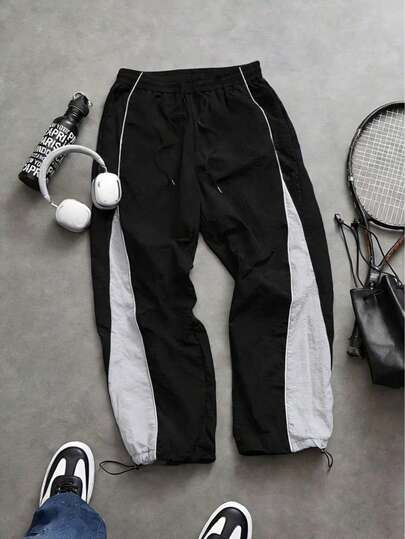 Striped Contrast Color Patchwork Casual Sweatpants For Men, Spring Autumn, Drawstring Waist Loose Straight Leg Trousers, Suitable For Gym Workout, Running, Outdoor, Daily Wear, School, Travel, Streetwear