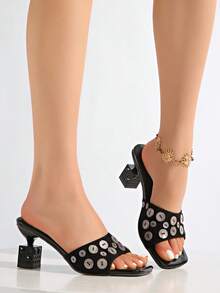 小众设计新款单带露趾方头厚底凉鞋，百搭亮片女士拖鞋 - 黑色 - 查看 2