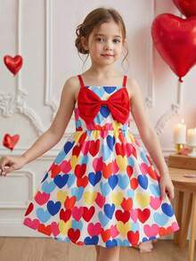 Young Girls' Valentine's Day Cute Bow & Heart Print Camisole Dress - Multicolor - View 5