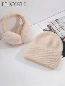 1顶米色针织帽 + 1副可折叠毛绒耳罩，女士可爱保暖耳罩，可调节头带，抓绒内衬，男女通用冬季保暖耳罩