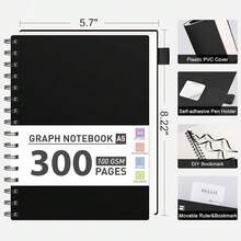 Graph Paper Notebook, 300 Pages Spiral Notebook Journal, A5 Grid Paper Notebook, 100gsm Thick Paper, Plastic Hardcover Journals For Schoolsss Writing Engineering Math, 5.7\ X 8.3\, Black - Black - View 5