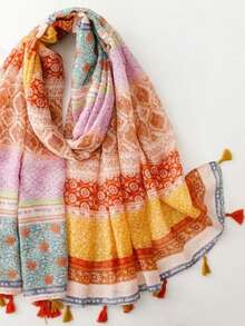 قطعة واحدة وشاح مطبوع جديد وأنيق عالي الجودة مزين بشرابات، مناسب للتنقل والسفر والملابس اليومية العادية، ألوان الشرابات عشوائية - البرتقالي - مشاهدة 2