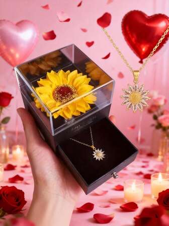 2 piezas Caja de regalo con collar de girasol, caja de joyería, collar de girasol con caja de regalo, regalo del Día de San Valentín, flor artificial, regalo para novia, Te amo, Día de la Madre, Cumpleaños, Boda