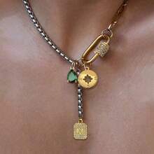 1pc STYLEVER Gold & Silver Letter Necklace With Octagon Star Pendant & Emerald, Stainless Steel Chain, Suitable For Work, Daily Life, Party, Banquet, Ball And Other Occasions, Unique Luxury Women Necklace - 彩色 - 查看 1