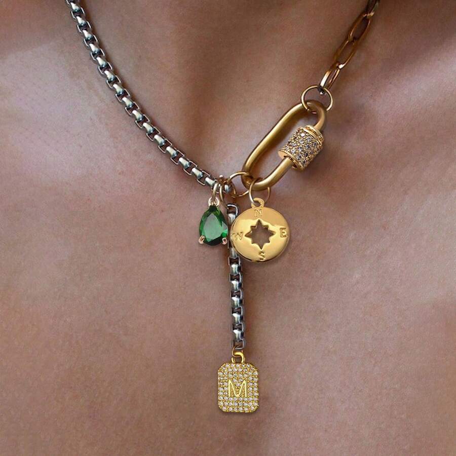1pc STYLEVER Gold & Silver Letter Necklace With Octagon Star Pendant & Emerald, Stainless Steel Chain, Suitable For Work, Daily Life, Party, Banquet, Ball And Other Occasions, Unique Luxury Women Necklace - 彩色 - 查看 1