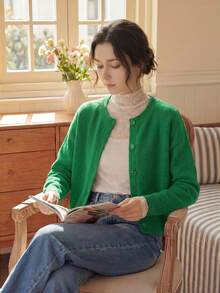 Knit Mix 优雅女士法式宽松针织开衫，适合圣诞节、感恩节、新年等节日，时尚长袖圆领毛衣，休闲纯色开衫，秋冬季必备。 - 綠色 - 查看 11