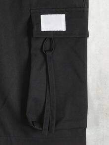 男士黑色工装短裤，带贴布装饰，多口袋设计，休闲户外街头风轻便耐穿夏季短裤 - 黑色 - 查看 7