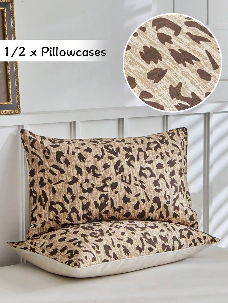半件装棕色豹纹枕套，柔软透气，乡村风抱枕套，适用于沙发、现代卧室装饰，标准尺寸，不含枕芯 - 棕色 - 查看 1